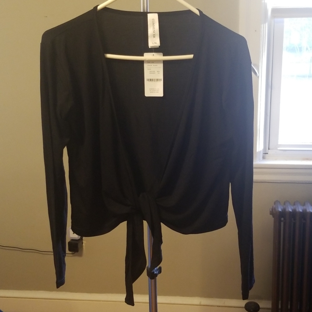 Commencer tie front black long sleeve shirt nwt